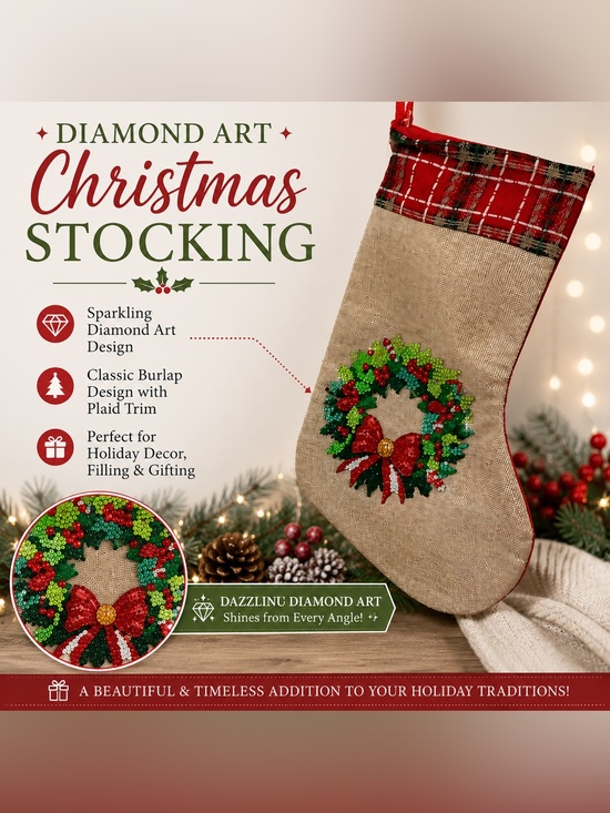 Handcrafted Other - ✨ Diamond Art Christmas Stocking Burlap Plaid Wreath Holiday Decor Sealed